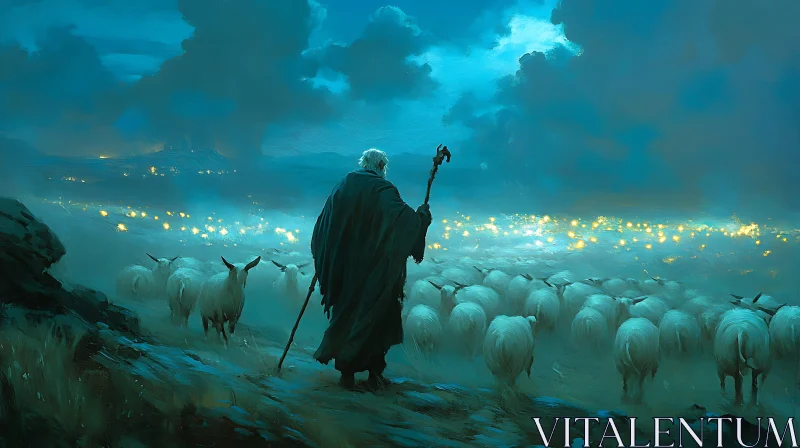 Shepherd and Sheep in the Night