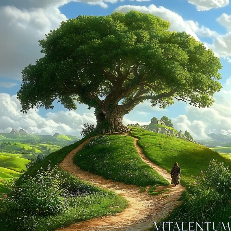 Lone Walker on Grassy Hill Path AI Image
