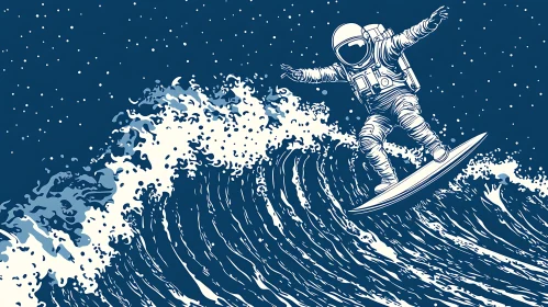 Surreal Space Surfer on Ocean Wave