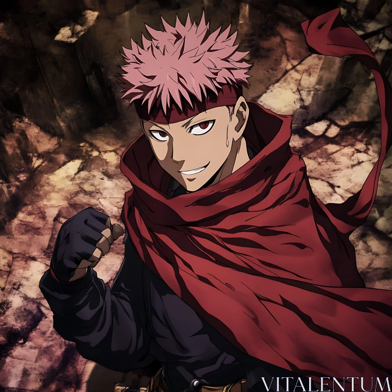 Determined Anime Hero with Red Scarf