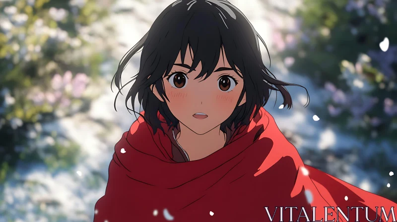 Anime Girl in Snow with Red Cloak