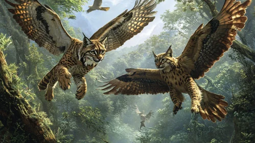 Lynx with Wings Soaring in Forest