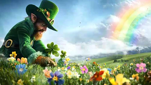 Leprechaun's Clover Patch Under Rainbow