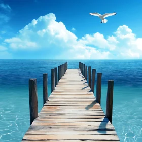Seagull Flying over Ocean Pier