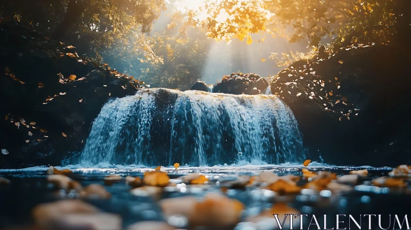 Waterfall in Forest with Sunlight