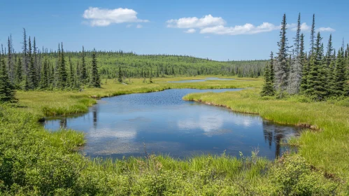 Peaceful Waterscape with Rich Greenery and Sky Reflections