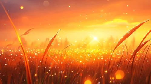 Warm Sunset with Glowing Dewdrops