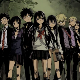 Anime Characters in a Shadowy Forest
