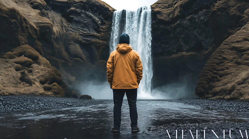 Person Admiring Waterfall Landscape