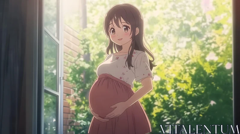 Anime Girl in Sunlit Room During Pregnancy