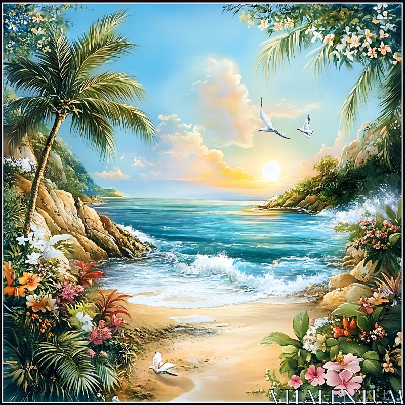 Coastal Beach with Birds and Flowers