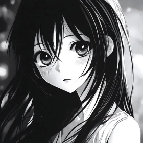 Expressive Anime Girl in Black and White