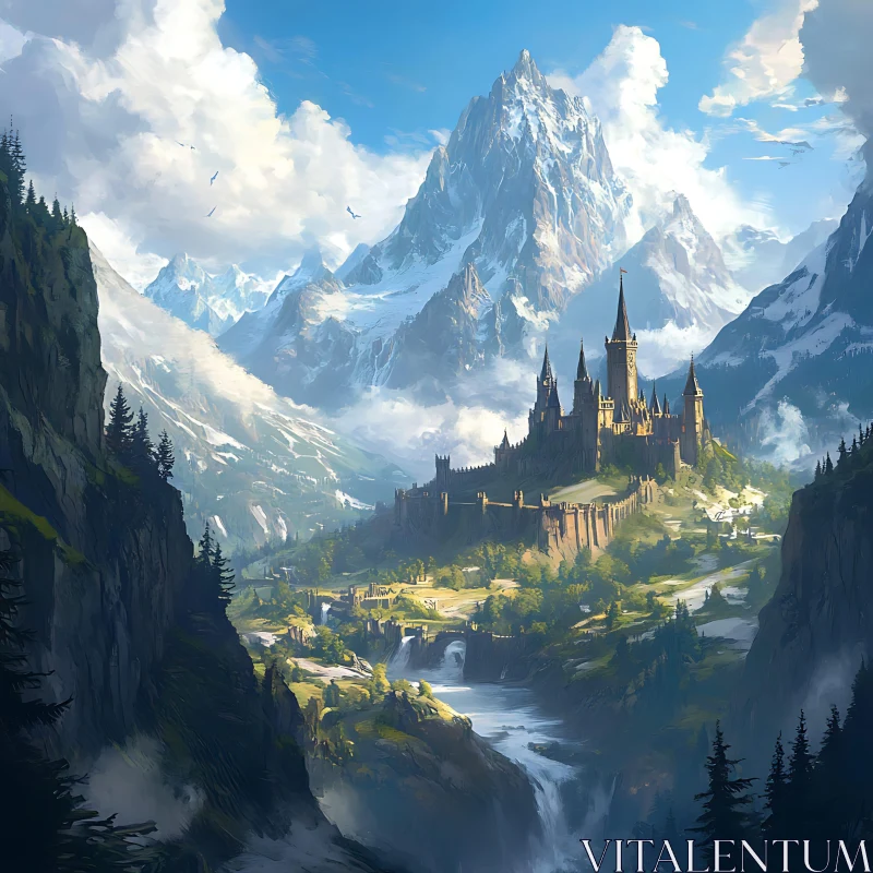 Serene Castle View with Waterfalls