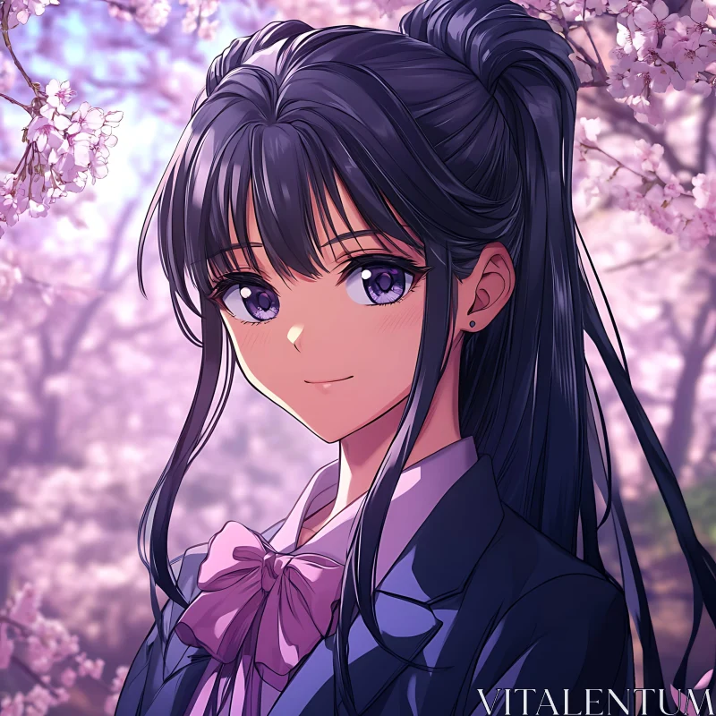 Black-Haired Anime Girl with Sakura Background
