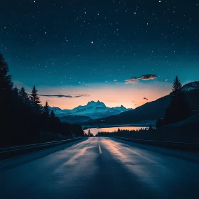 Night Road to the Mountains Under Stars