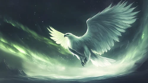 White Eagle Soaring in Aurora Borealis