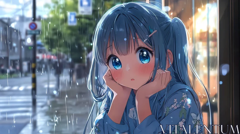 Pensive Anime Girl in Rainy City