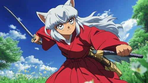 Anime Warrior in Red Kimono with Swords
