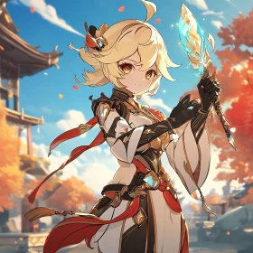 Anime Warrior in Autumn Scenery