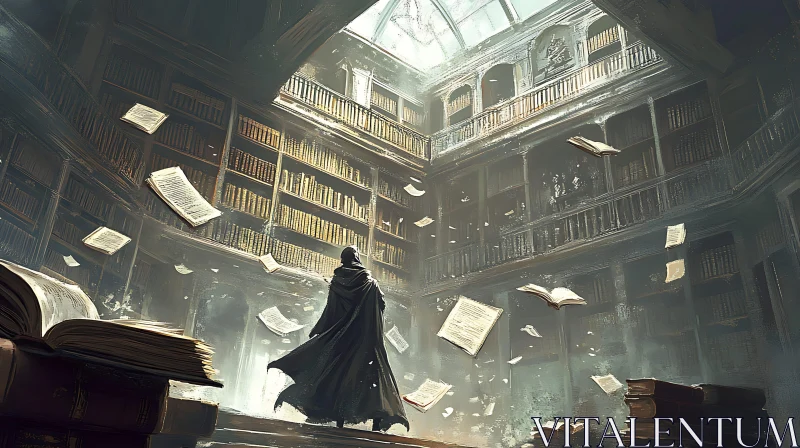 Ancient Library with Floating Pages