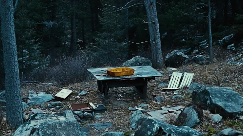 Eerie Forest with Deserted Table and Scattered Debris