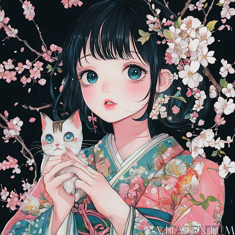Cherry Blossom Anime Girl with Cat