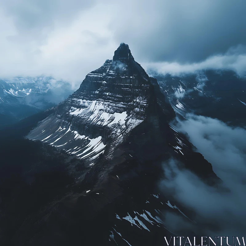 Snow-Capped Mountain Ascending into Cloudy Skies