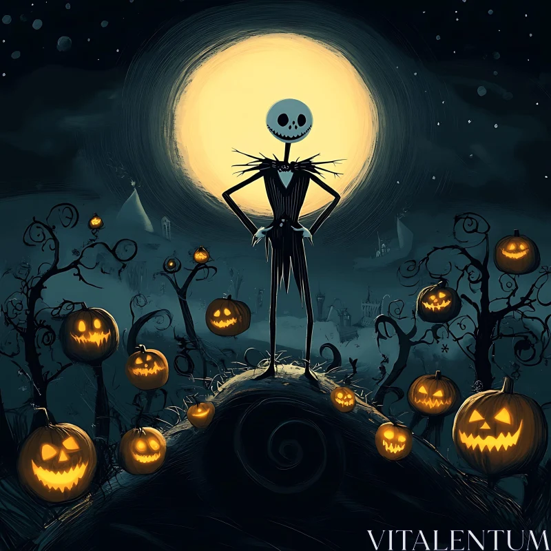 Silhouette Figure with Pumpkins under Moonlight