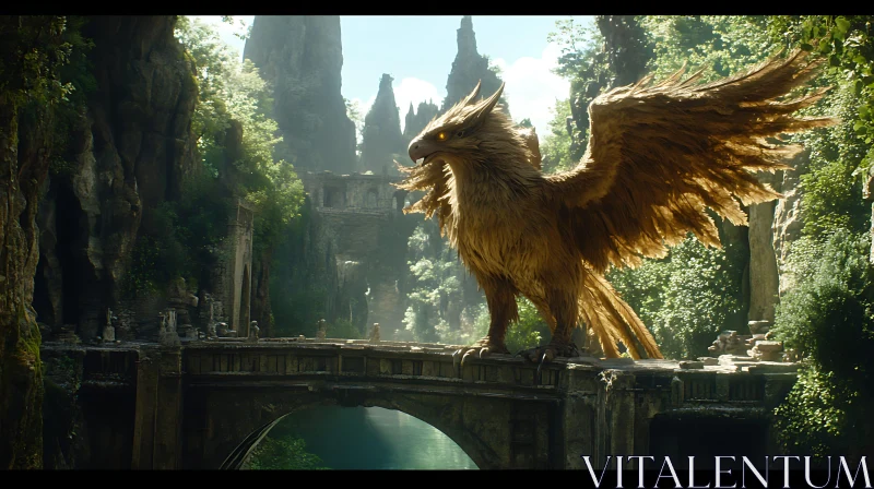 Gryphon on Stone Bridge Fantasy Scene