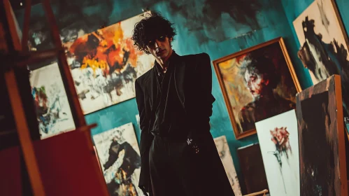 Man in Black Surrounded by Art