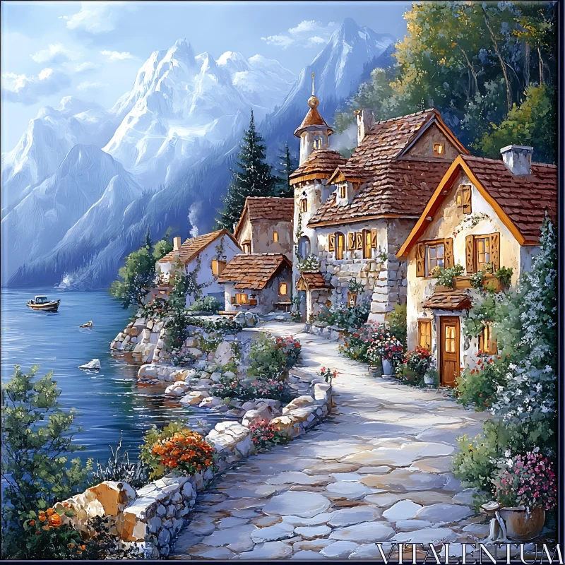 Quaint Village by Lake and Mountains