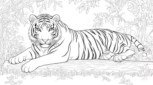 Tiger Resting in Forest Line Art