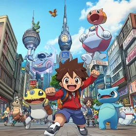 Anime Characters in a Modern Cityscape