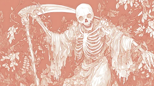 Skeleton with Scythe and Flowers