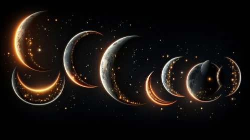 Golden Moon Phases in Dreamlike Space Illustration