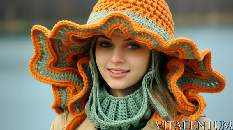 Playful Crochet Hat for Winter | Light Orange and Emerald AI Image