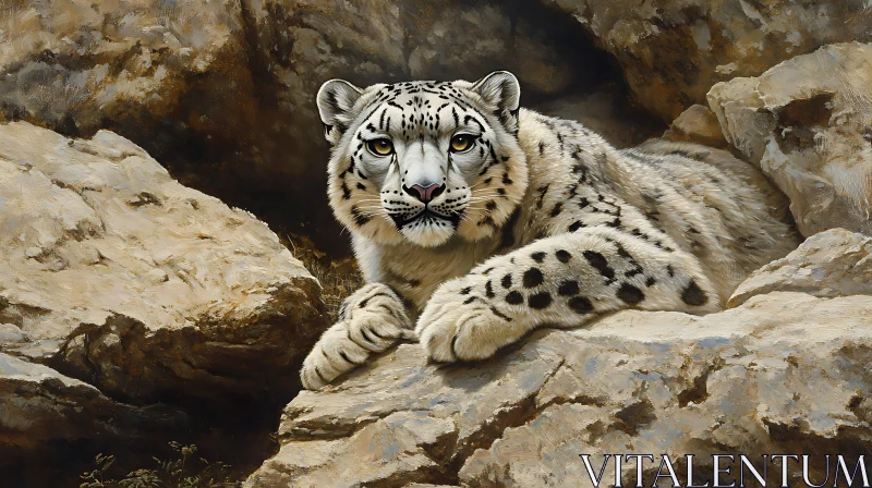 Resting Snow Leopard in Mountain Habitat AI Image