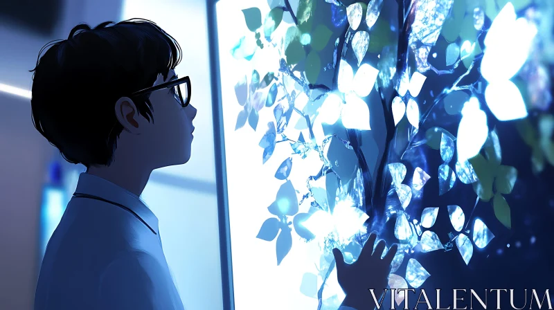 Person Engaging with Illuminated Digital Leaves AI Image