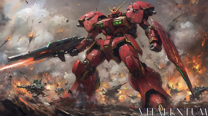 Robotic Warfare: Red Mech Destruction AI Image