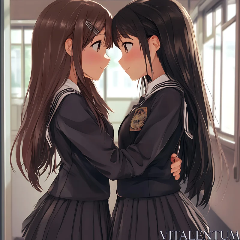 Heartfelt Friendship Between Anime Schoolgirls AI Image