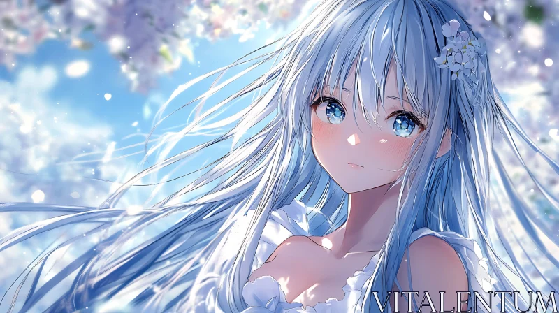 Beautiful Anime Girl with Blue Hair Amid Cherry Blossoms AI Image