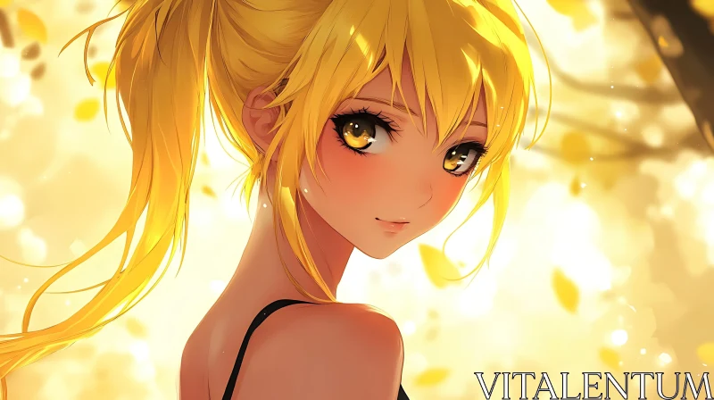 Anime Girl with Radiant Yellow Hair and Leaves AI Image