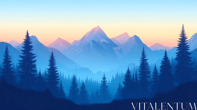 AI ART Blue Mountain Pine Forest Scenery