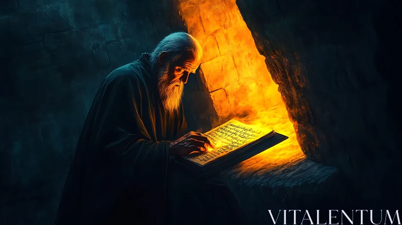 Man Studying Illuminated Manuscript AI Image