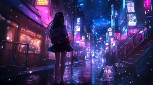 Neon Night Street Scene with Girl