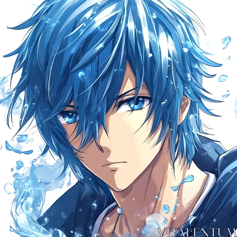 AI ART Blue-Haired Anime Boy with Water Elements