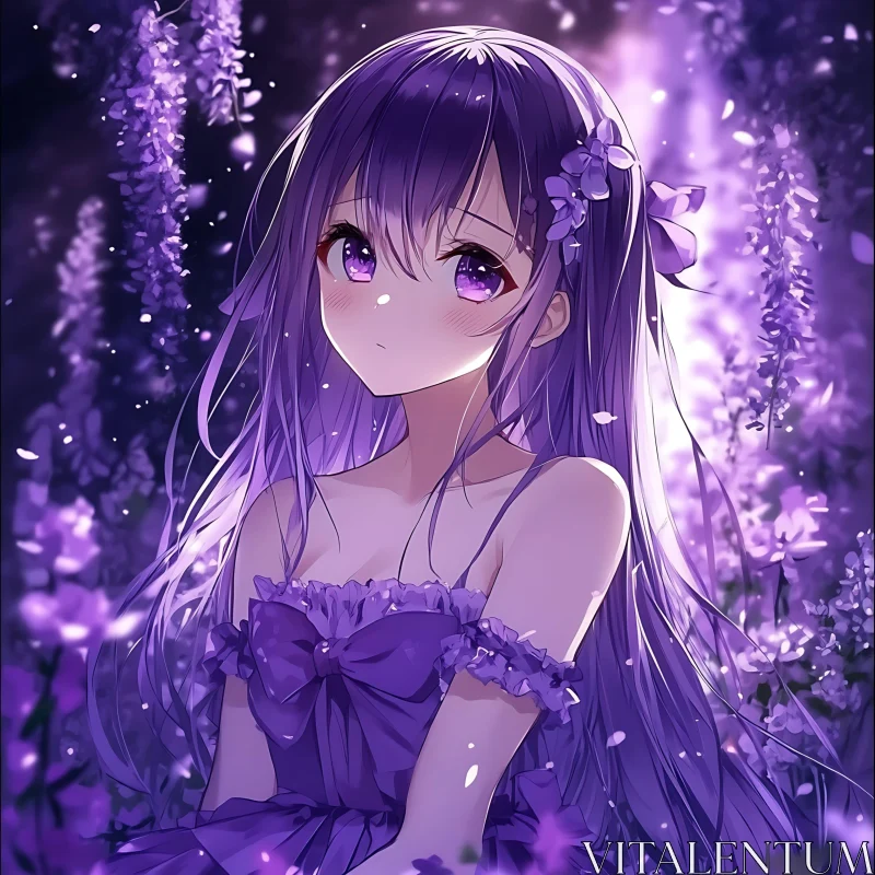 Purple-Themed Anime Artwork of a Girl in a Flower Field AI Image