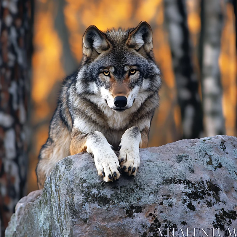 Resting Wolf in Autumnal Forest AI Image