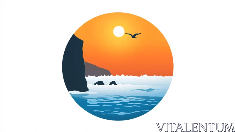 Tranquil Seascape with Bird Silhouette AI Image