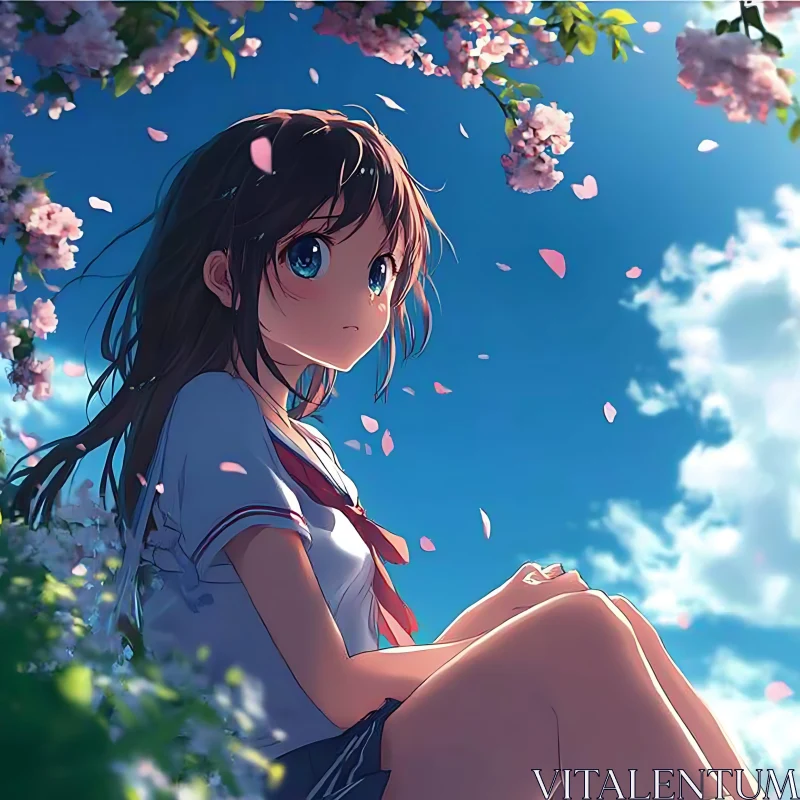 Contemplative Anime Girl Under Blue Sky AI Image